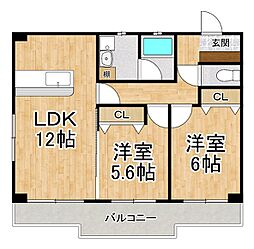ガーデンシティ柳ヶ崎 3階2LDKの間取り