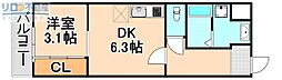 ヴェレーナ北本町 3階1DKの間取り