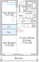 トレステージ富ヶ谷 2階2LDKの間取り