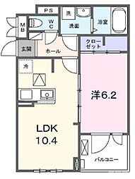 ブルックIII 2階1LDKの間取り