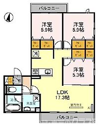 くおん嵯峨 東棟 2階3LDKの間取り
