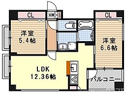 コモド御所南 2LDKの間取図画像