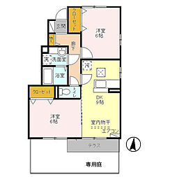 カンパーニュイブキ 1階2DKの間取り