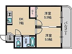 サンサーラ新大阪 2DKの間取図画像