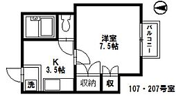 プルティエ5 1Kの間取図画像