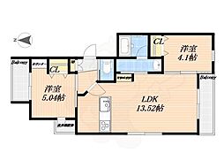 西宮市深谷町アパート 2LDKの間取図画像