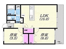 グレースコート西宮 2LDKの間取図画像