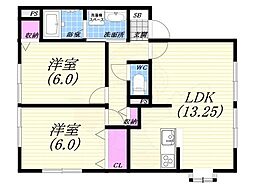 トワヴェール甲陽 2LDKの間取図画像