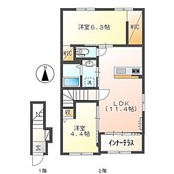 アンバーシャトーII 2階2LDKの間取り