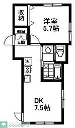 西武新宿線 花小金井駅 徒歩15分の賃貸アパート 1階1DKの間取り