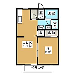 直井ハイツ 2階1LDKの間取り