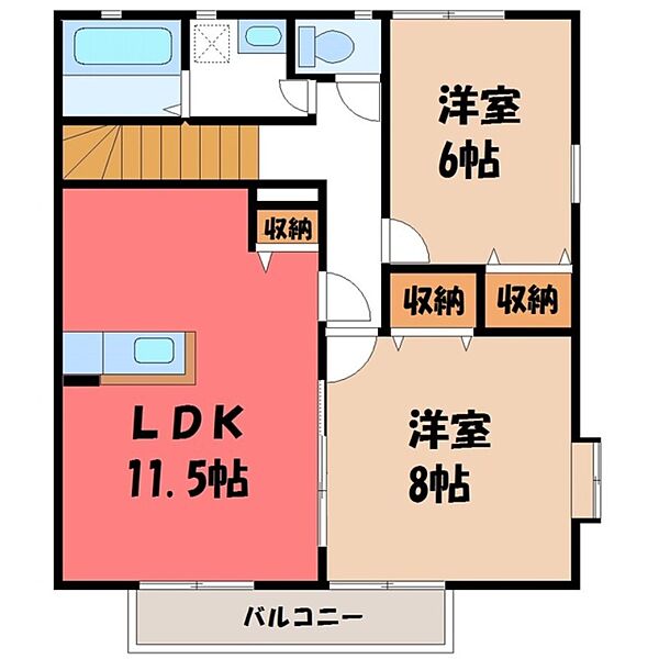 ソレアード・オリーバ Ｉ ｜栃木県宇都宮市簗瀬4丁目(賃貸アパート2LDK・2階・61.38㎡)の写真 その2