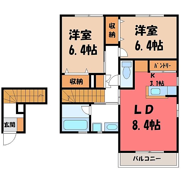 ヴァンベール C棟 ｜栃木県栃木市大平町富田(賃貸アパート2LDK・2階・64.49㎡)の写真 その2