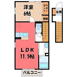 JR東北本線 雀宮駅 徒歩18分の賃貸アパート 2階1LDKの間取り