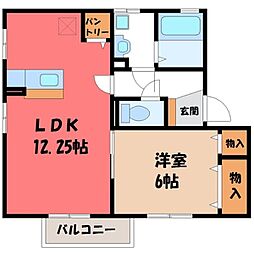 JR水戸線 結城駅 徒歩15分の賃貸アパート 2階1LDKの間取り