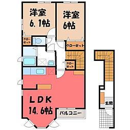 真岡鐵道 真岡駅 徒歩17分の賃貸アパート 2階2LDKの間取り