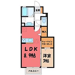東武宇都宮線 西川田駅 徒歩19分の賃貸アパート 1階1LDKの間取り