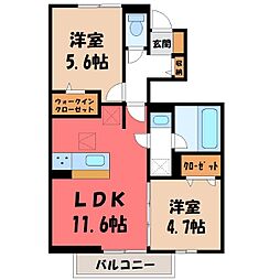 JR東北本線 小山駅 徒歩22分の賃貸アパート 1階2LDKの間取り