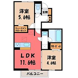 JR東北本線 小山駅 徒歩22分の賃貸アパート 1階2LDKの間取り