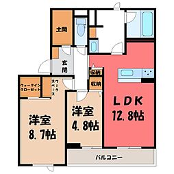 東武宇都宮線 東武宇都宮駅 徒歩12分の賃貸マンション 3階2LDKの間取り