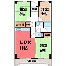 JR水戸線 結城駅 徒歩16分の賃貸マンション 3階3LDKの間取り