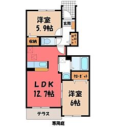 JR東北本線 小山駅 4.4kmの賃貸アパート 1階2LDKの間取り