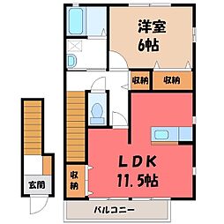 JR東北本線 小山駅 徒歩14分の賃貸アパート 2階1LDKの間取り