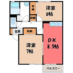 JR東北本線 小山駅 4.1kmの賃貸アパート 1階2DKの間取り