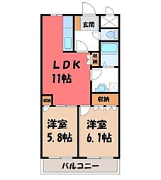 東武宇都宮線 国谷駅 徒歩10分の賃貸マンション 2階2LDKの間取り