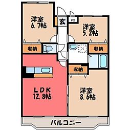 JR東北本線 野木駅 徒歩7分の賃貸マンション 3階3LDKの間取り