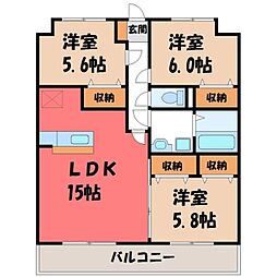 宇都宮芳賀ライトレール線 ゆいの杜東駅 徒歩4分の賃貸マンション 4階3LDKの間取り
