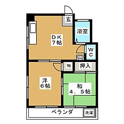 第1ひかりハイツ 2階2DKの間取り