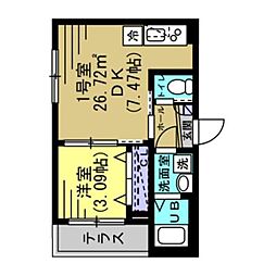 ミレ・フォリア 3階1DKの間取り