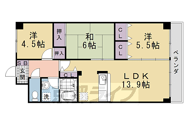 ヴェルジュール桂川 302｜京都府京都市西京区桂上野中町(賃貸マンション3LDK・3階・66.00㎡)の写真 その2