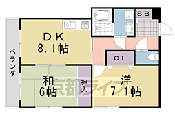 オクトーブル桂 1階2DKの間取り