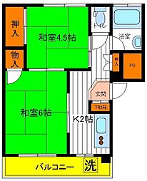 JR中央線 立川駅 徒歩15分の賃貸マンション 4階2Kの間取り