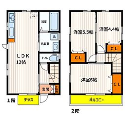 JR青梅線 西立川駅 徒歩11分の賃貸一戸建て 2階3LDKの間取り