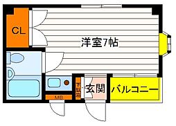 JR中央線 立川駅 徒歩9分の賃貸マンション 2階ワンルームの間取り