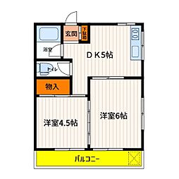 JR青梅線 拝島駅 徒歩23分の賃貸アパート 1階2DKの間取り