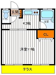 JR中央線 立川駅 徒歩15分の賃貸マンション 1階1Kの間取り