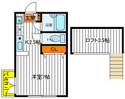 JR中央線 立川駅 徒歩8分の賃貸アパート 2階1Kの間取り