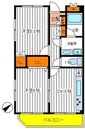 JR中央線 立川駅 徒歩12分の賃貸マンション 2階2DKの間取り