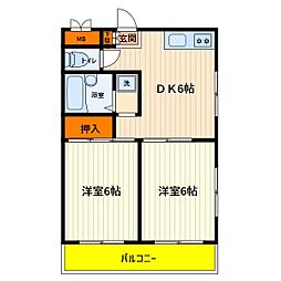 JR中央線 立川駅 徒歩13分の賃貸マンション 3階2DKの間取り