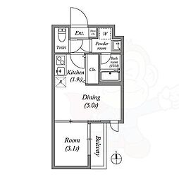 京都地下鉄東西線 山科駅 徒歩10分の賃貸マンション 2階1DKの間取り