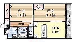 京都地下鉄東西線 椥辻駅 徒歩15分の賃貸マンション 3階2LDKの間取り
