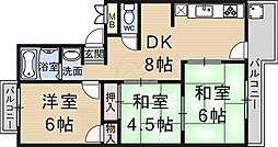 京都地下鉄東西線 小野駅 徒歩10分の賃貸マンション 4階3DKの間取り