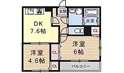 京都地下鉄東西線 御陵駅 徒歩18分の賃貸マンション 3階2DKの間取り