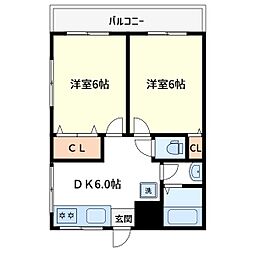 メゾン森 3階2DKの間取り