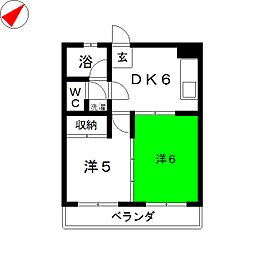 西山ビル11エルム大倉山 2DKの間取図画像