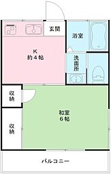 中原ハイム 2階1Kの間取り